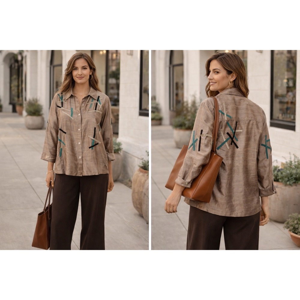 Vintage Bleu Bayou 100% Raw Silk Slub Bronze Art Abstract Sequins Button Top XL